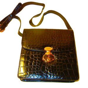 Vintage TALBOTS Faux CROC Crossbody Handbag Bag BLACK